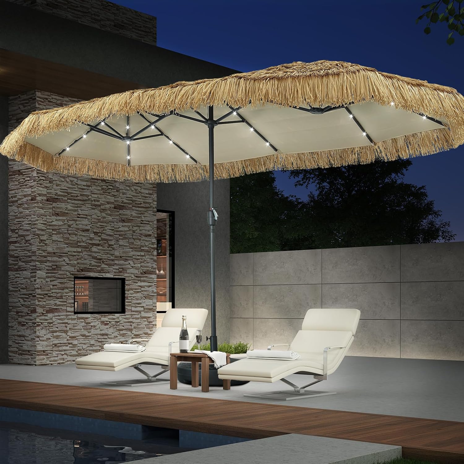 Outdoor Furniture Umbrella - 13ft Thatch Umbrella with Solar Lights