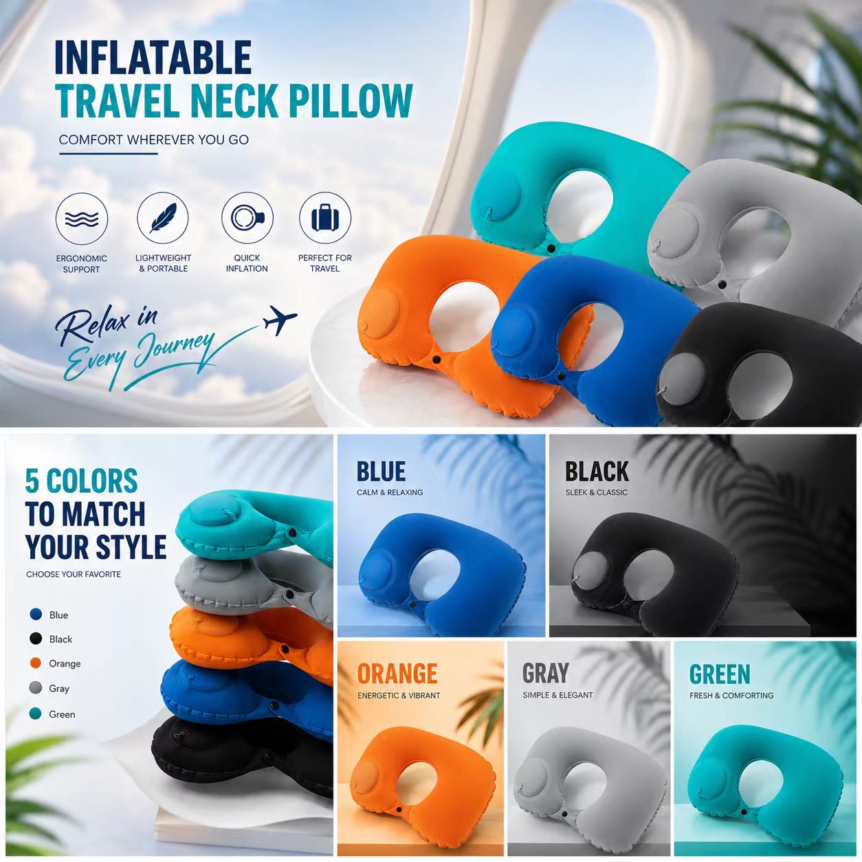 Outdoor Furniture Pillows - 5 Colors Press Inflatable Pillow Foldable