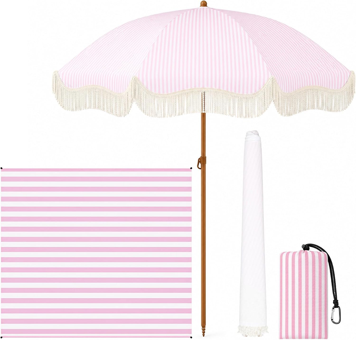 6.5FT Pink Striped Fringe Beac - đánh giá và giá Outdoor Furniture Umbrella