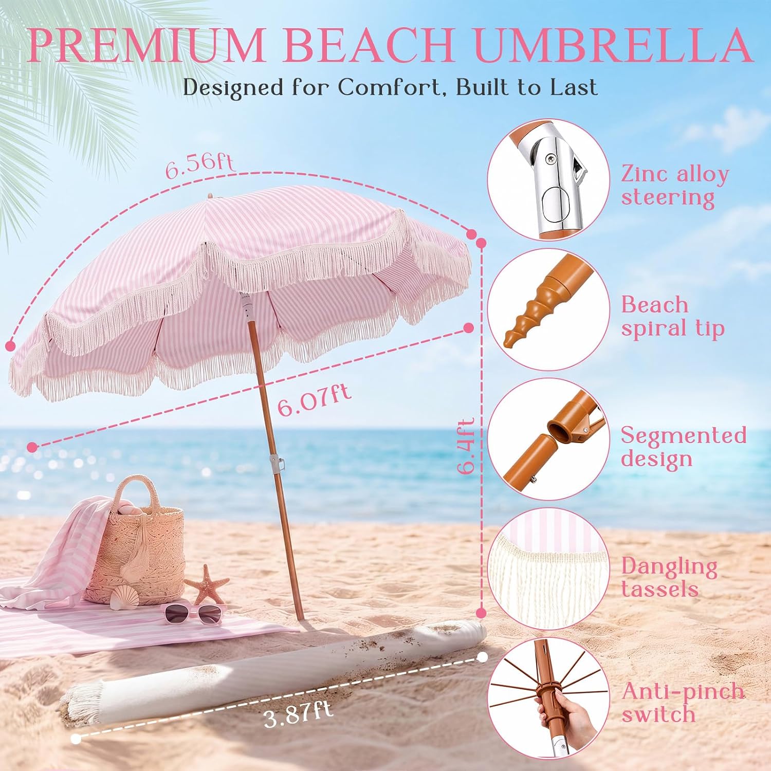 6.5FT Pink Striped Fringe Beac - đánh giá và giá Outdoor Furniture Umbrella